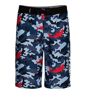 Hurley Boys Board Shorts blue camo red shark print swim trunks